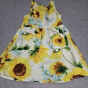 BABY - Short SLEEVE SUNFLOWER PRINT DRESS Sz 130 (3T?) Black Ribbon Tie Back